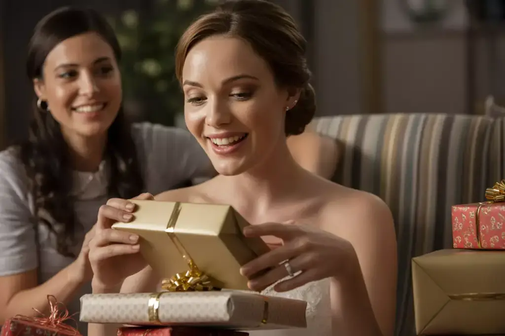 Bride opening gift happy reaction guest watching near presents