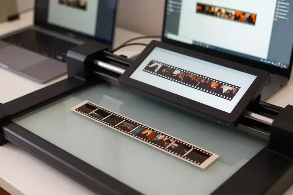 Digitizing vintage photo strip on scanner with digital frame display