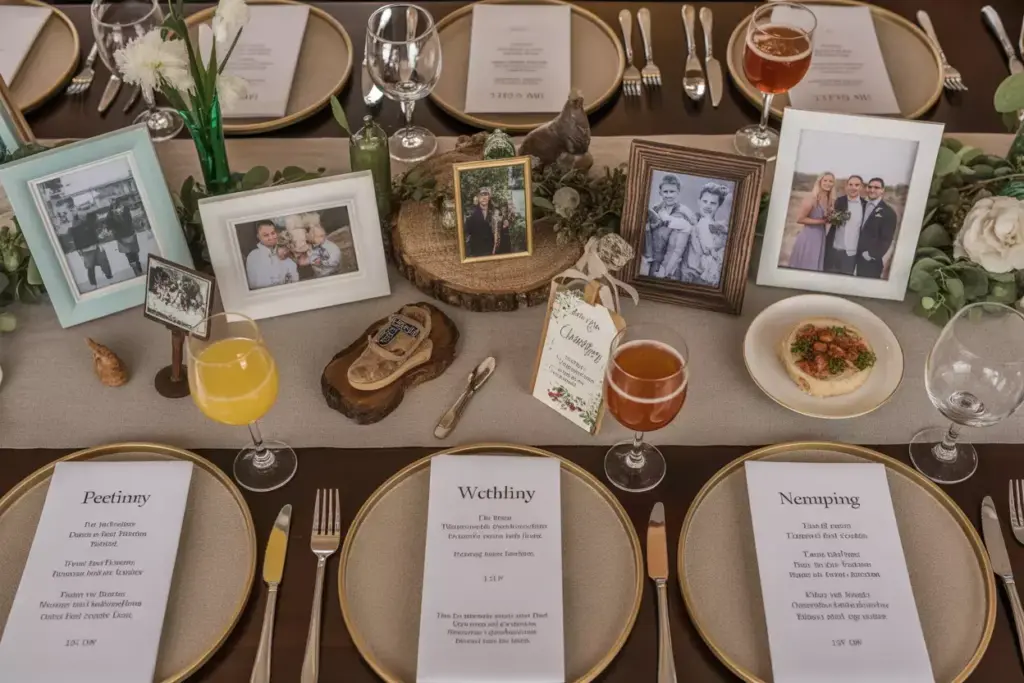 Personalized reception table travel photos signature cocktail