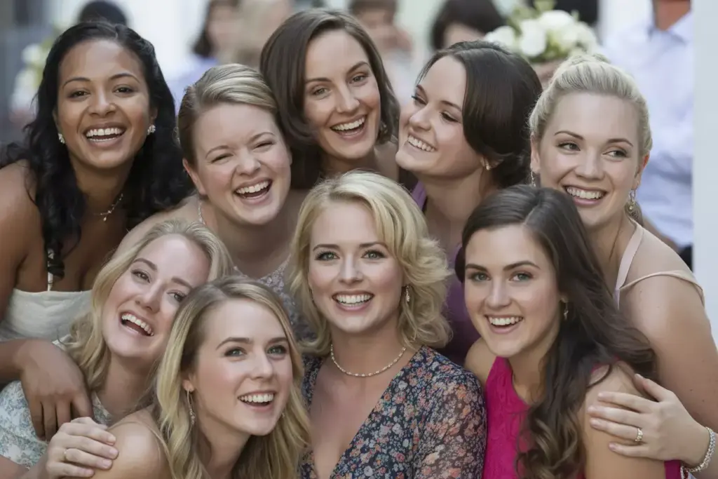 Bride with bridesmaids friends smiling group portrait clean background