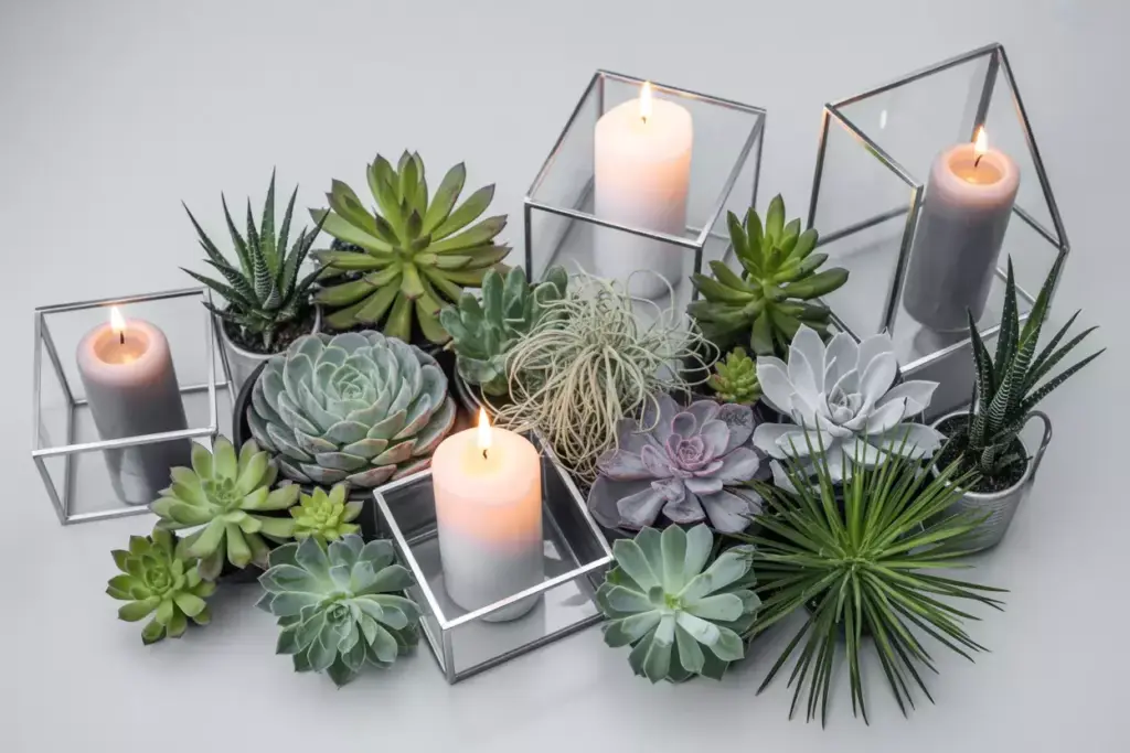Modern flatlay succulents air plants geometric candle holders gray pillars centerpiece