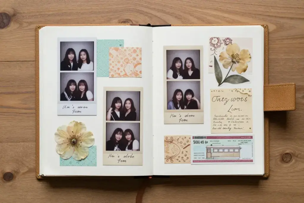 Vintage scrapbook page with photo strips handwritten captions and memorabilia