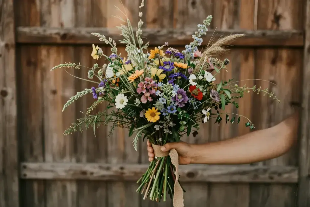 Bohemian asymmetrical wildflower bouquet natural ribbon
