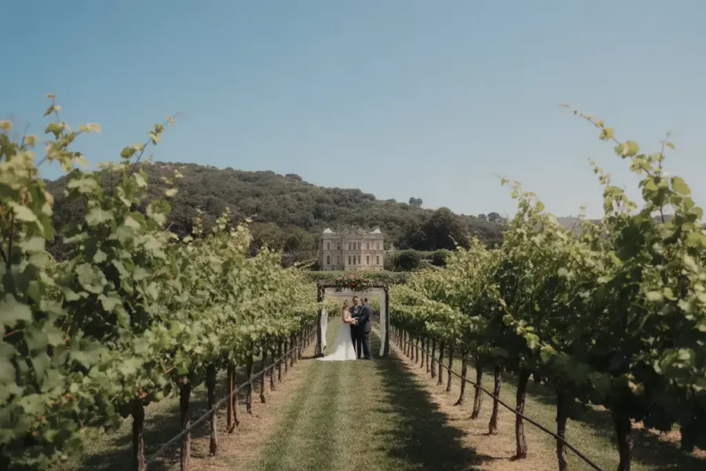 Inglenook vineyard ceremony rows cabernet vines historic mansion background