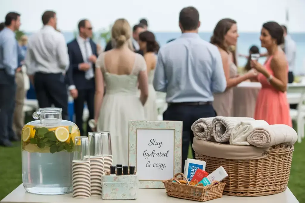 Outdoor wedding guest comfort station water blankets