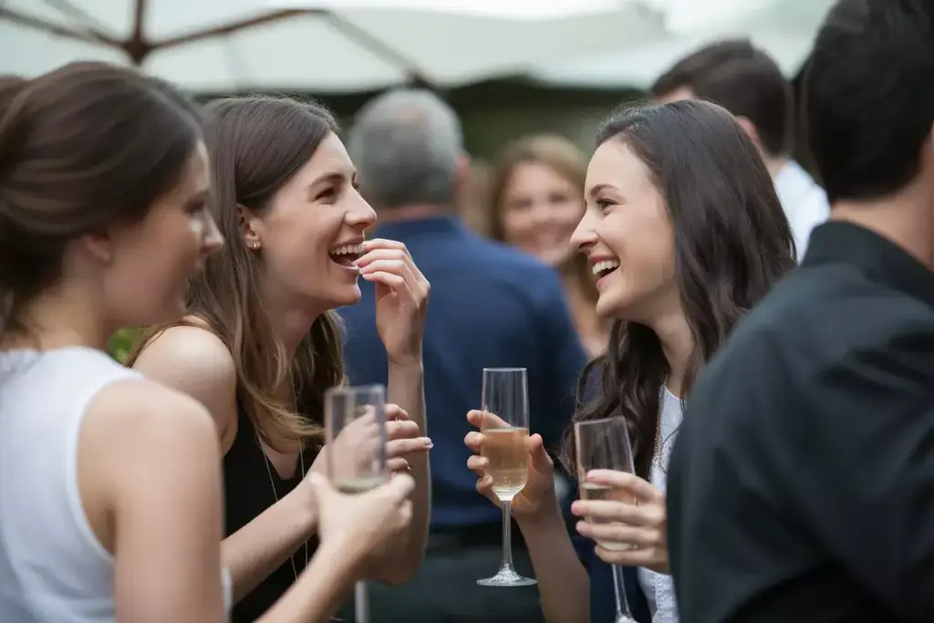 Two guests laughing candid conversation holding champagne flutes