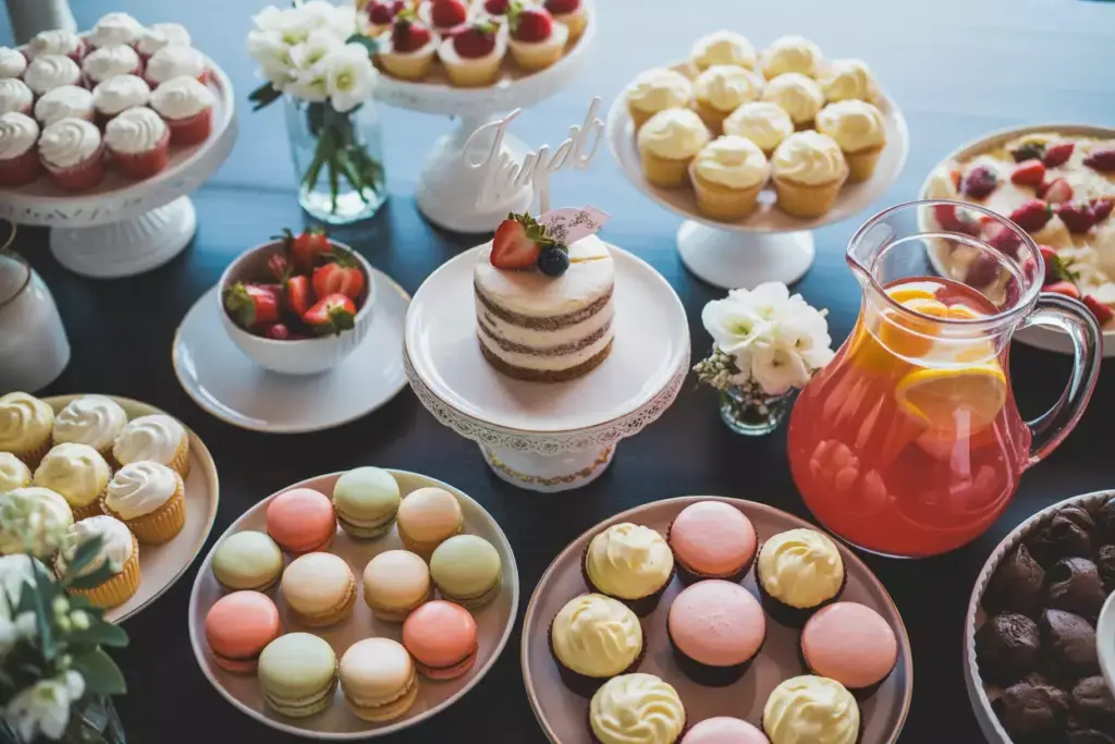 Overhead dessert table display cake macarons cupberries pink drink