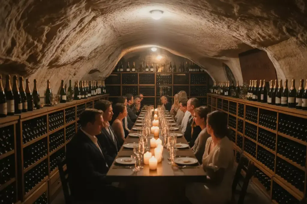 Schramsberg vineyards cave reception candlelit table sparkling wine bottles