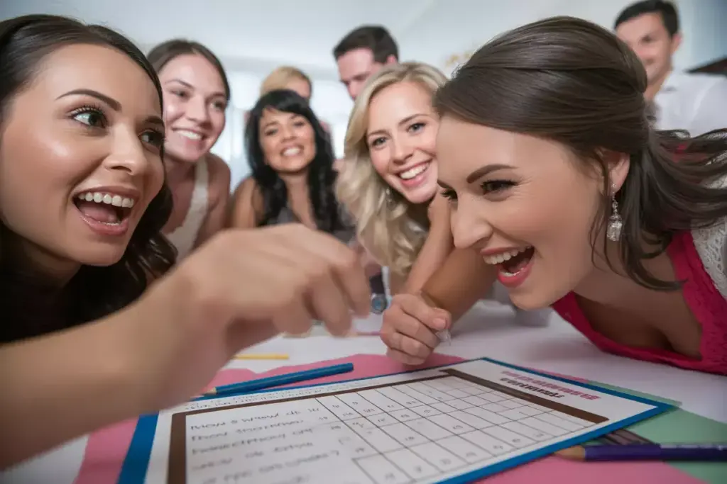 Bride guest playing shower game table quiz smiling concentration