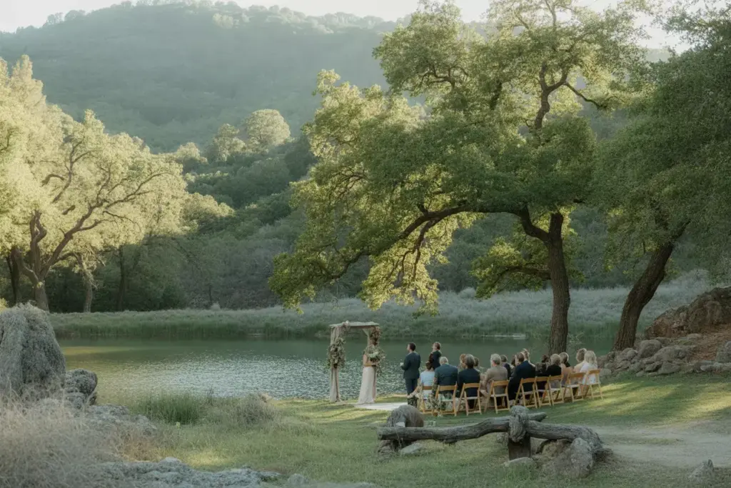 Calistoga ranch lakeside ceremony oak trees natural rustic setting