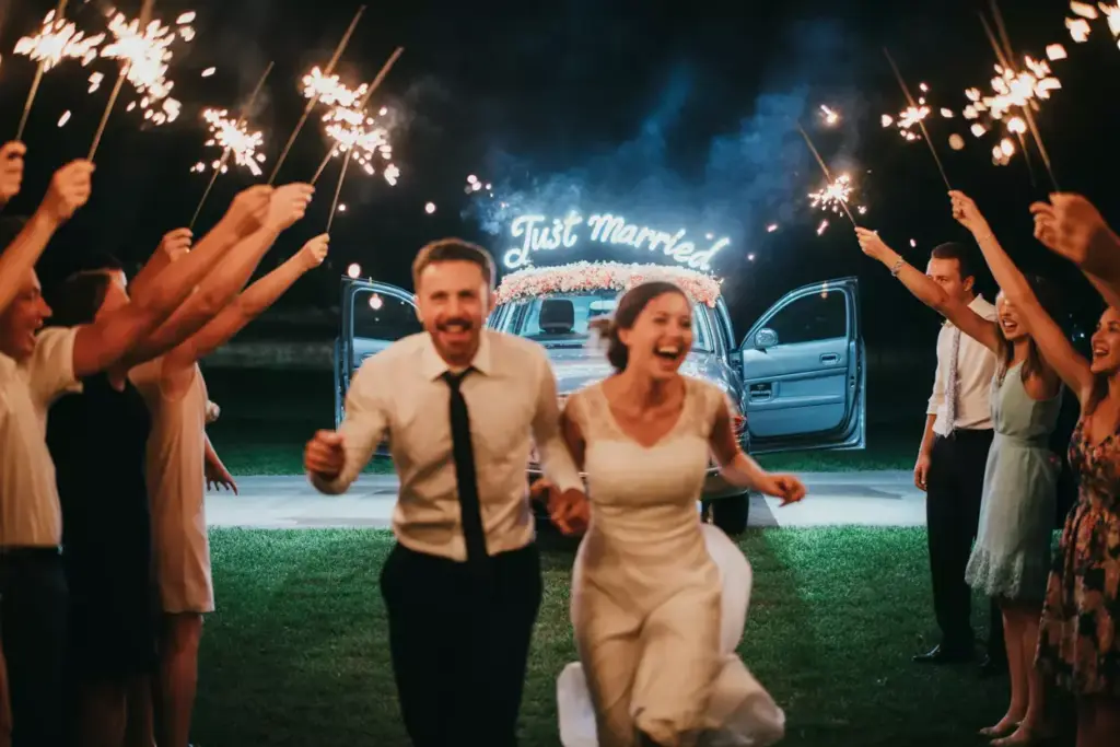 Couple sparkler exit getaway car night celebration