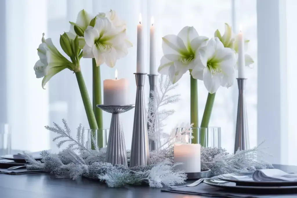Crisp highcontrast white amaryllis silver candle holders frosted branches winter centerpiece