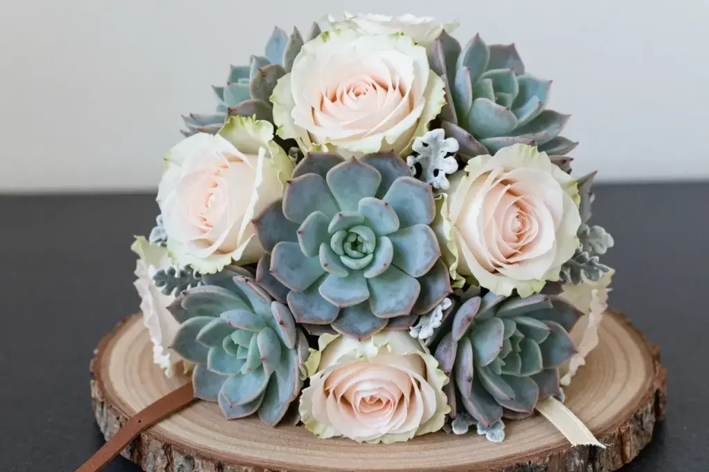 Modern succulent rose bouquet natural twine binding