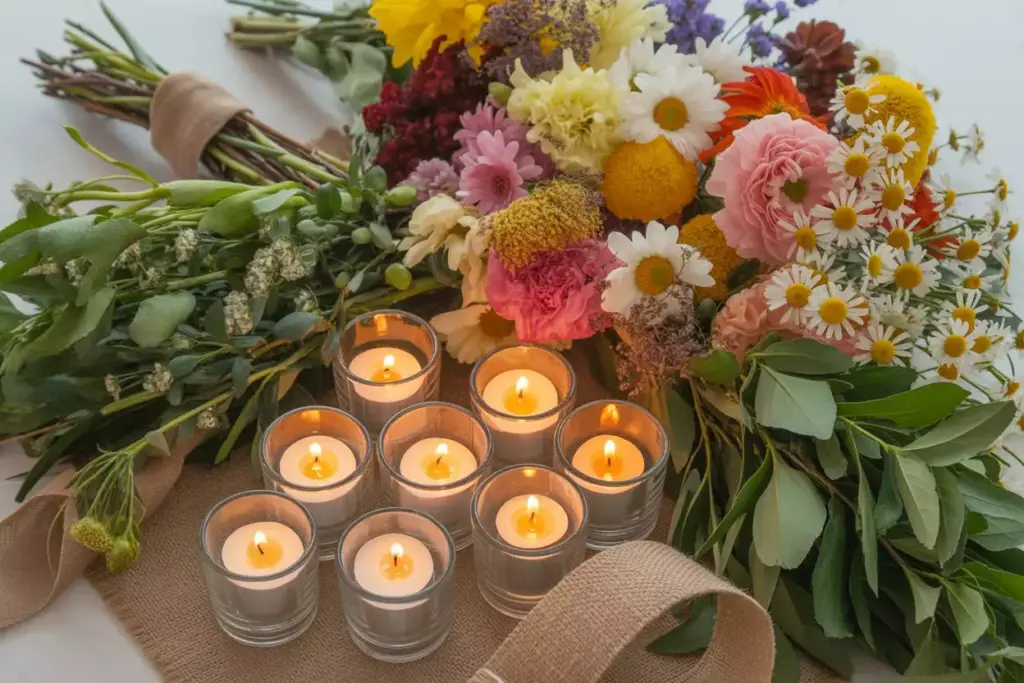 Abundant flatlay mixed seasonal flowers cluster votive candles burlap ribbon budget centerpiece