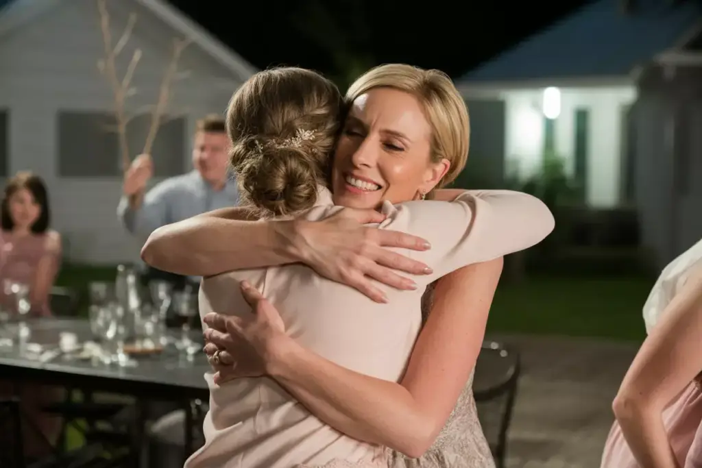 Bride hosting hug thanks post party intimate emotional goodbye