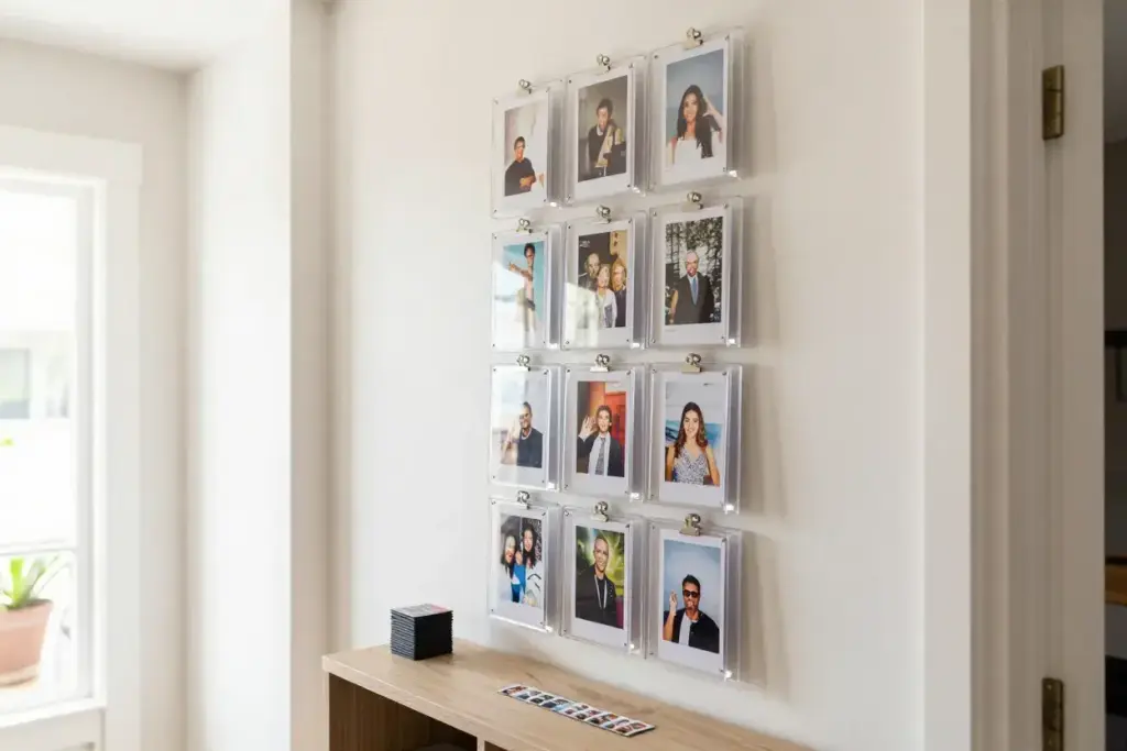 Wall mounted rotating frame system in entryway with swappable photo strips