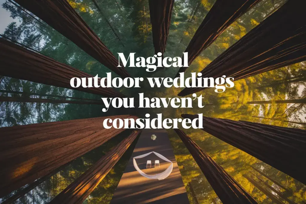 Aerial view natural redwood cathedral aisle leading to sunlit wedding arch