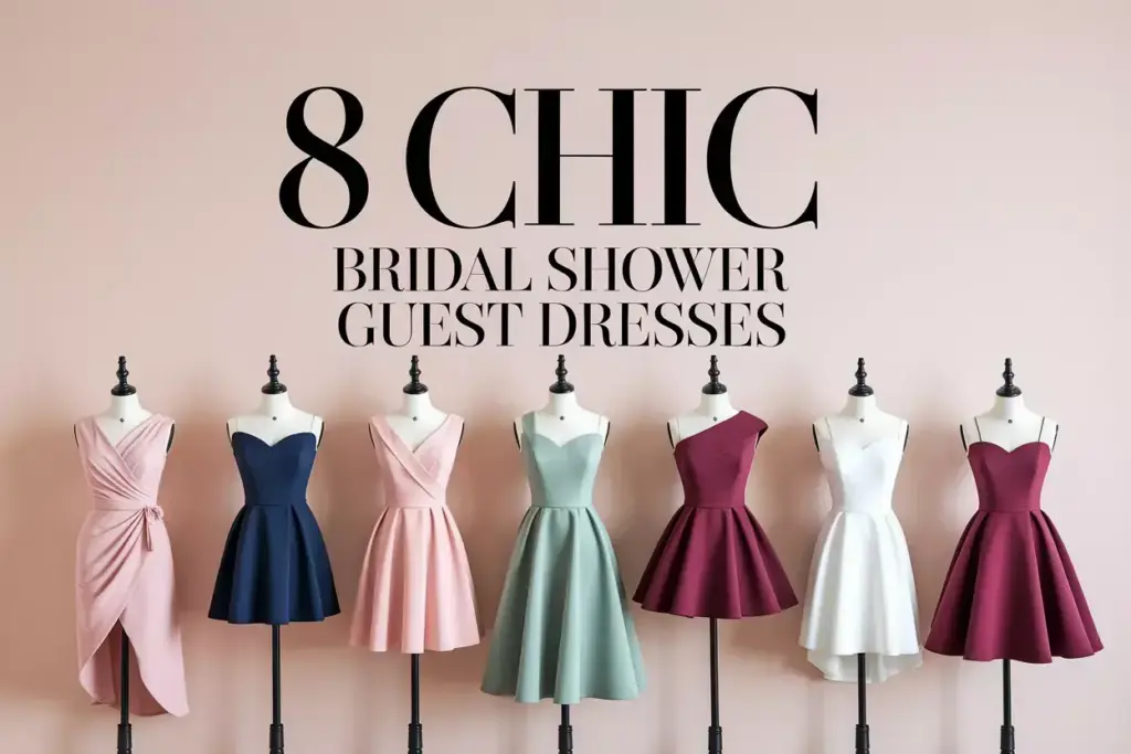 Eight chic bridal shower guest dresses on miniature mannequins in neutral pastel jewel tone palette