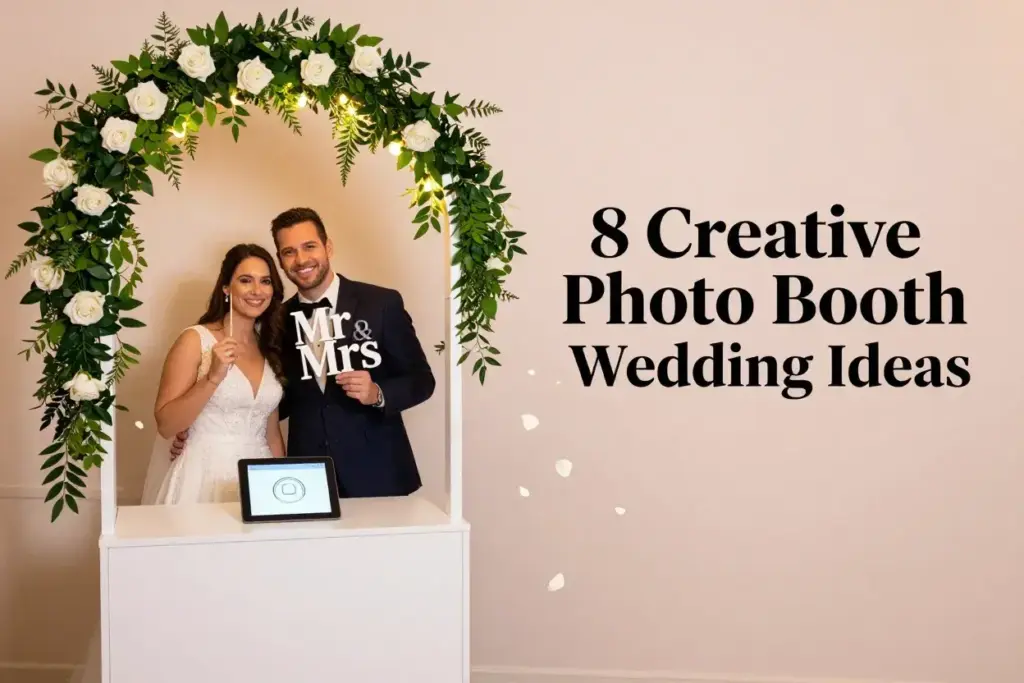 Elegant modern wedding photo booth with couple and title space