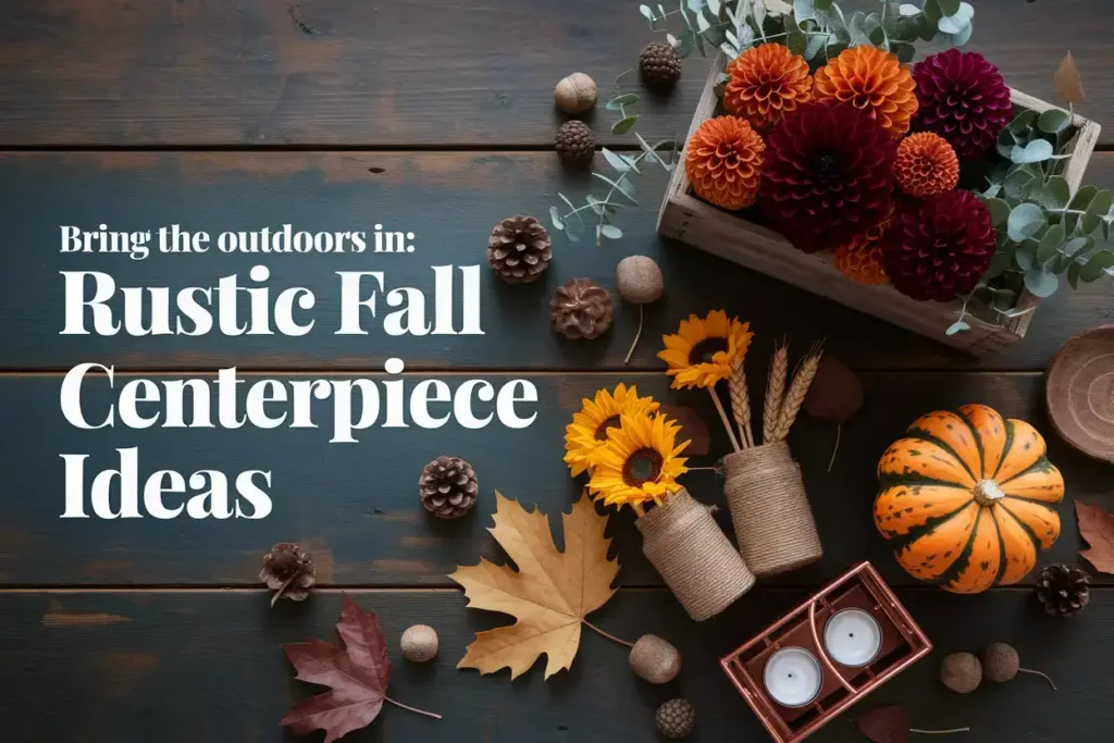 Rustic fall wedding centerpiece flatlay with wood pumpkin flowers and lantern