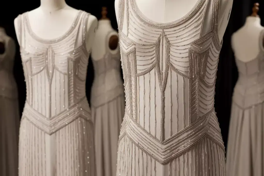 1920s art deco beaded wedding gown dropped waist geometric patterns