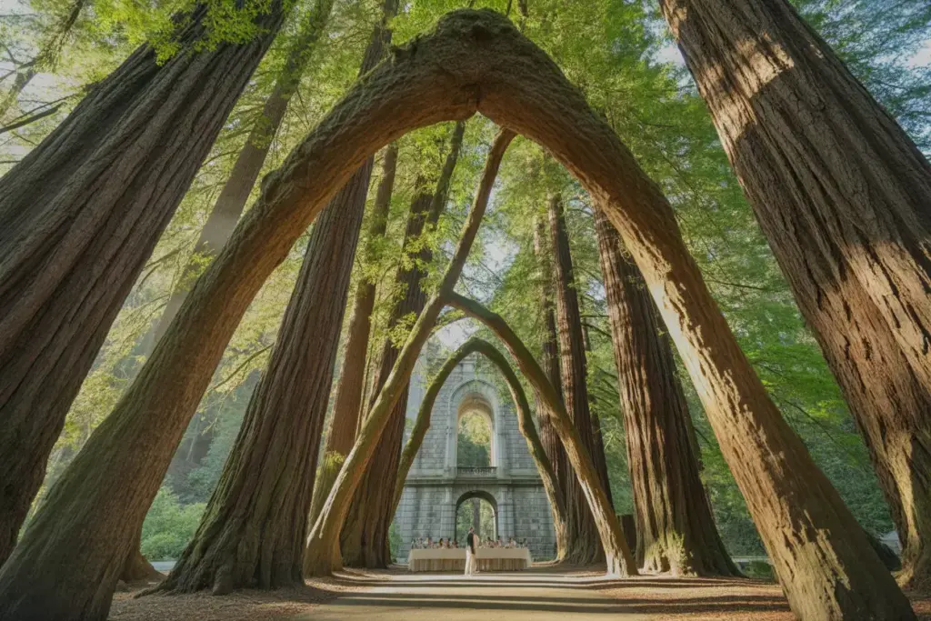 Natural redwood cathedral arch at saratoga springs historic preserve