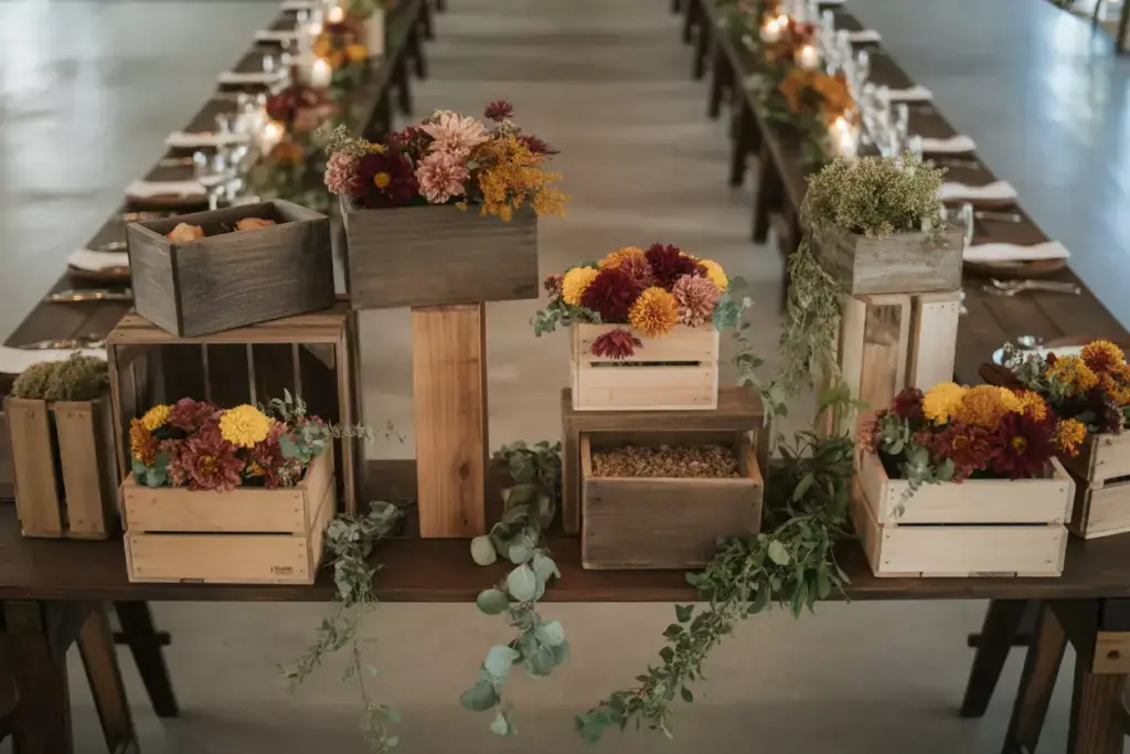 Overhead view of reclaimed wooden box fall garden centerpiece on farm table