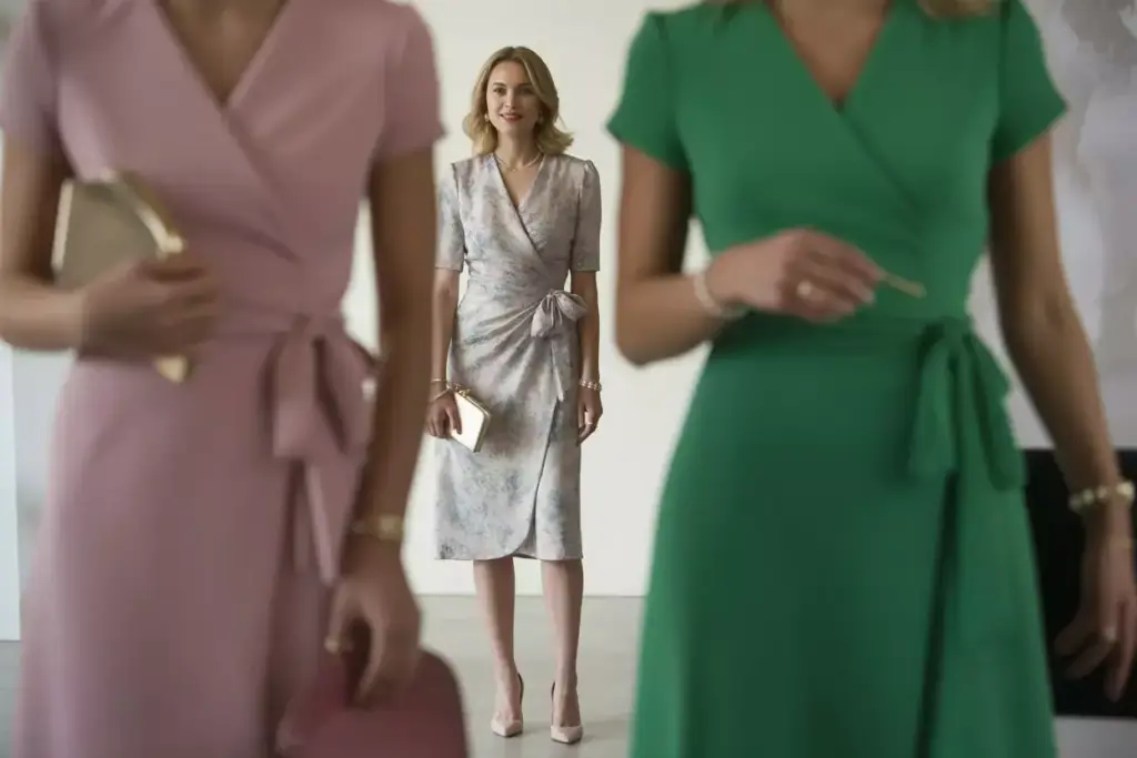 Woman in soft floral wrap dress with delicate jewelry at bridal shower