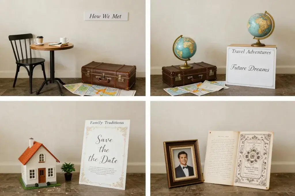 Collage of four themed wedding photo stations telling love story