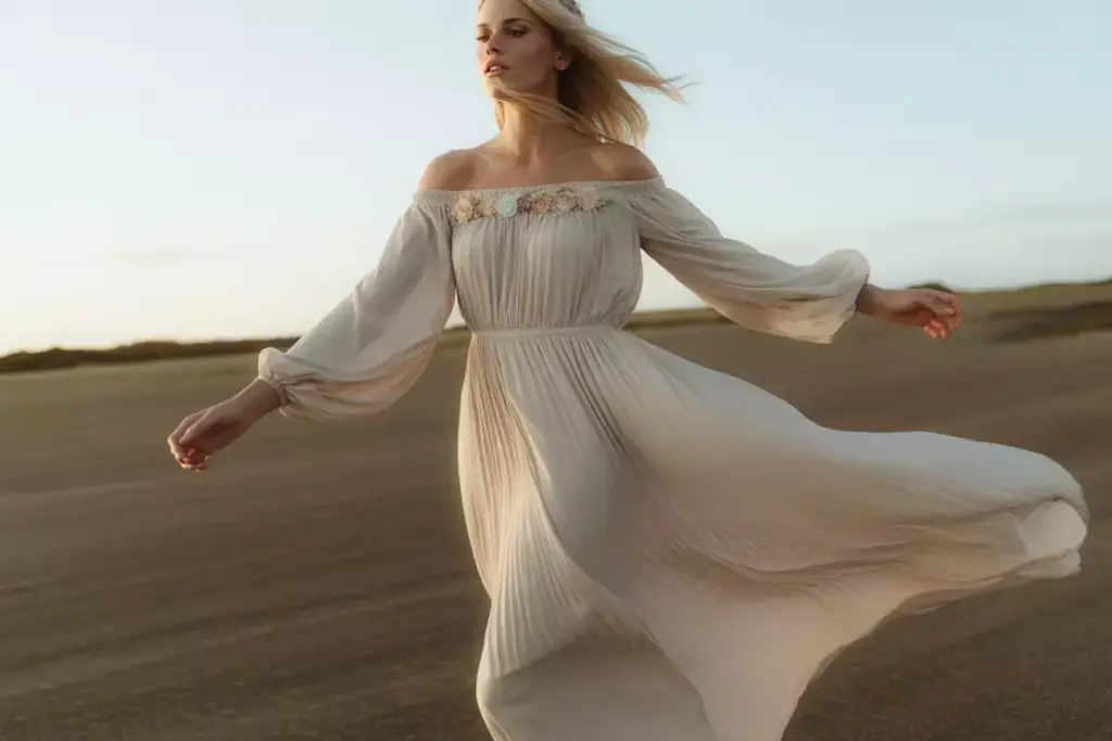 Bohemian flowing chiffon dream gown with billowing sleeves outdoor