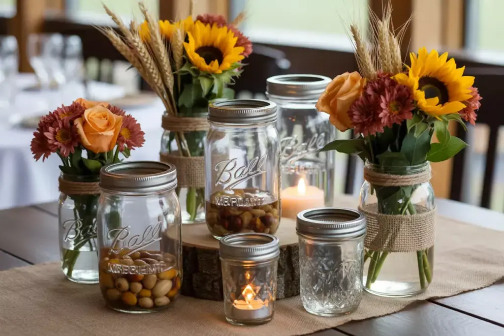 Clustered mason jar rustic fall flower arrangement with burlap and wood