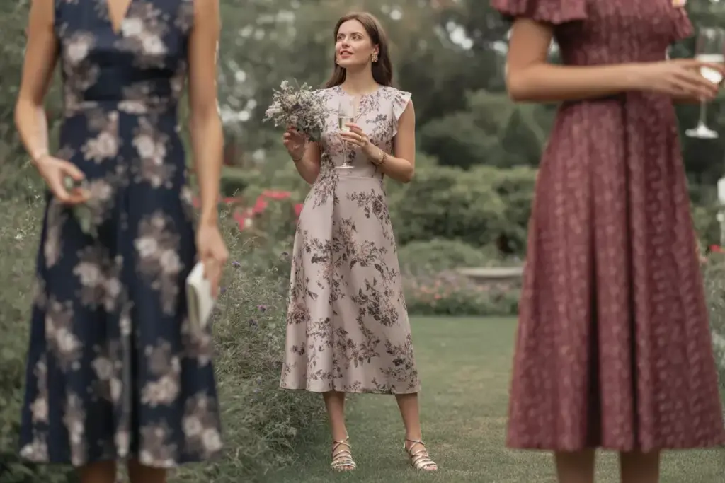 Elegant midi floral dress in garden party setting for bridal shower