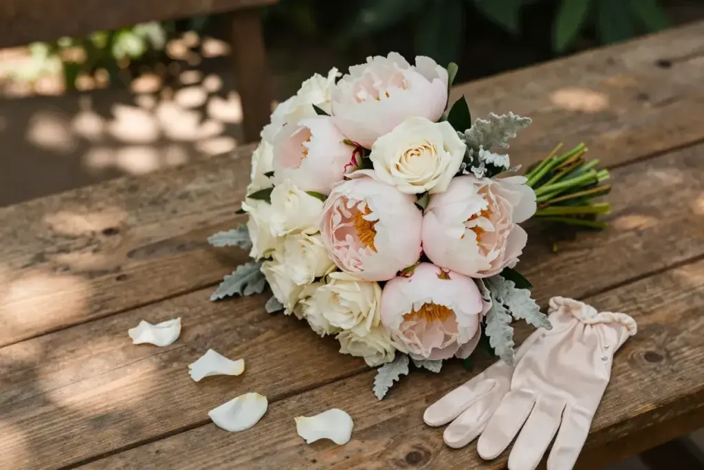 Flat lay of blush peony and ivory rose garden bouquet on wood