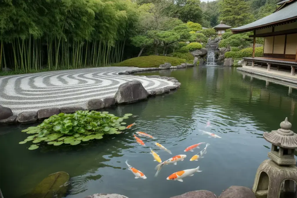 Japanese koi pond with waterfall at hakone estate gardens