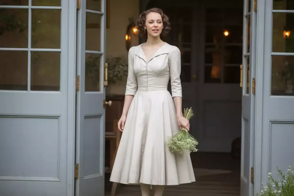 1940s wartime tea length wedding dress sweetheart neckline