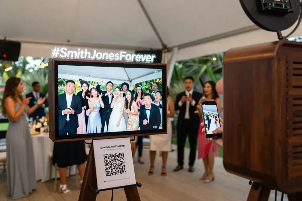 Photo booth area with real time digital gallery and social media sharing