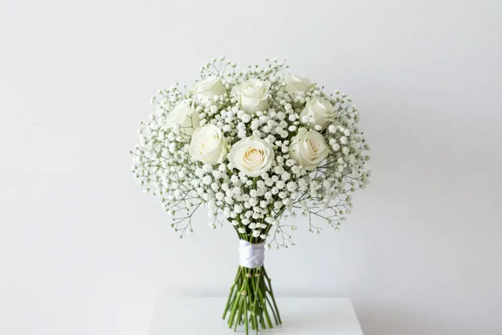 Minimalist cloud like bouquet of babys breath and white roses