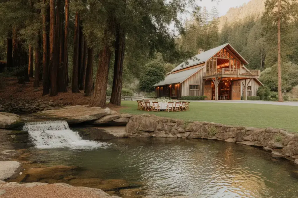 Rustic barn and waterfall among redwoods at ben lomond