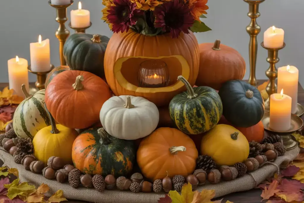 Stacked pumpkin gourd fall centerpiece with candles and copper accents