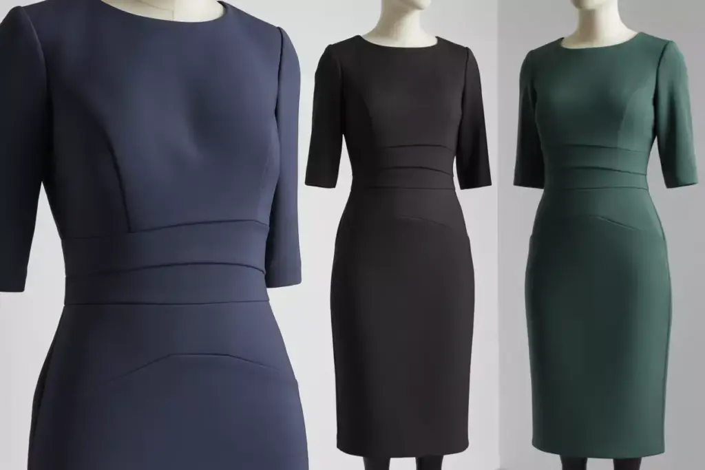 Structured sheath dress with architectural details studio shot