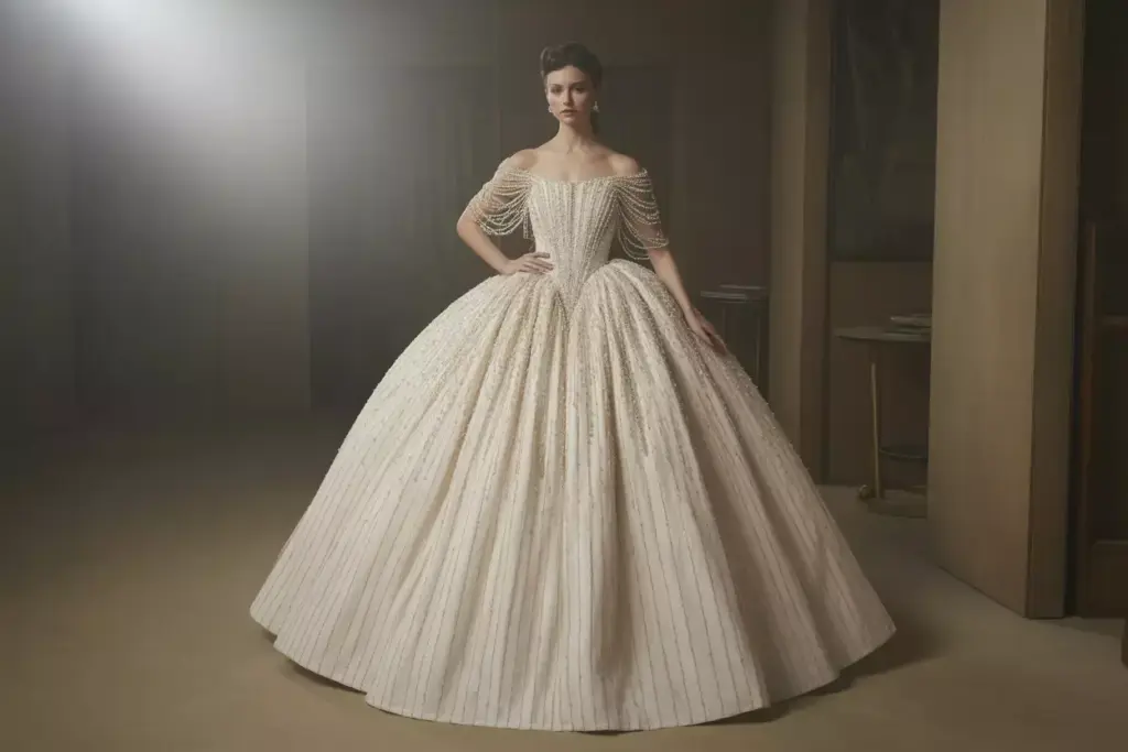 Vintage inspired ballgown with beaded sleeves and cathedral train