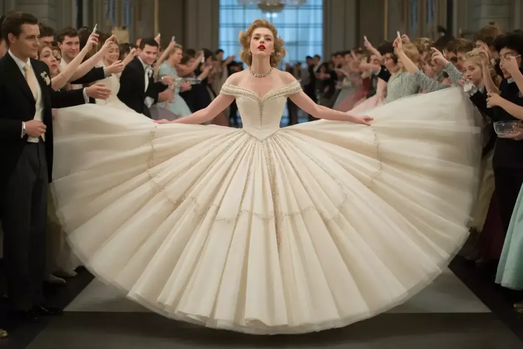 1950s princess ball gown voluminous tulle skirt fitted bodice