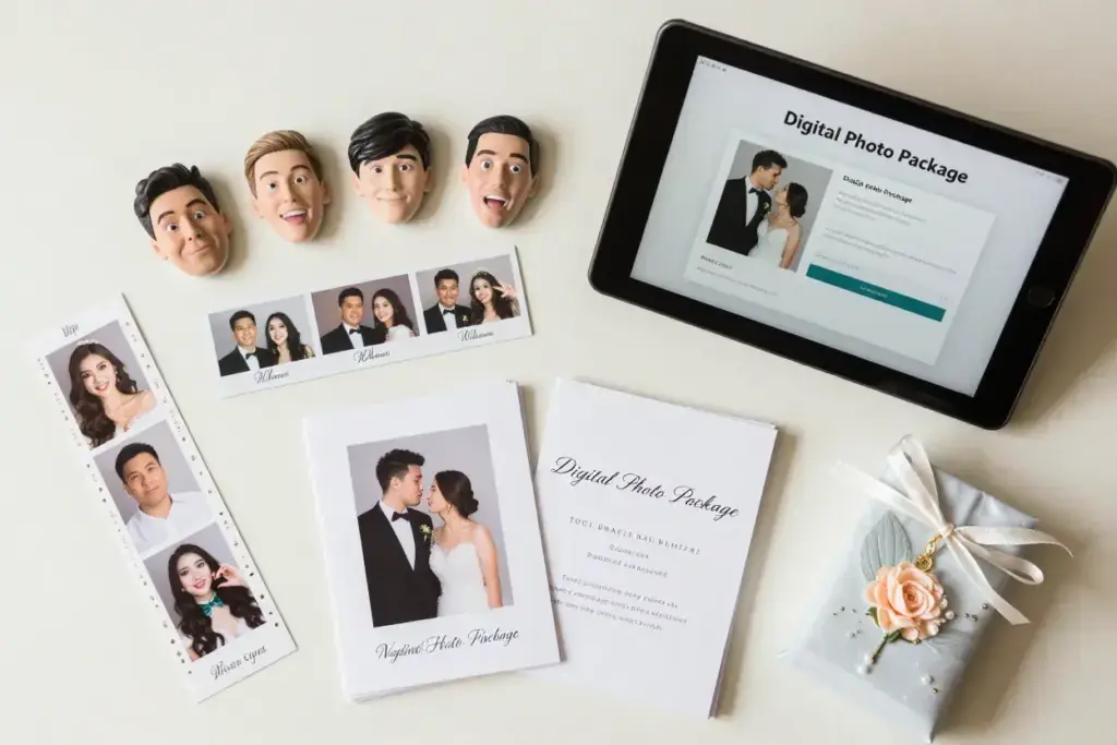 Flat lay of personalized wedding favors created from photo booth
