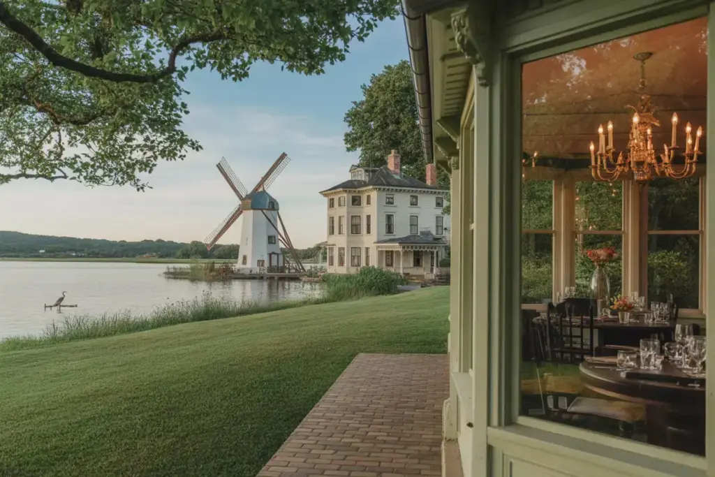 Victorian mansion and windmill in wildlife preserve setting