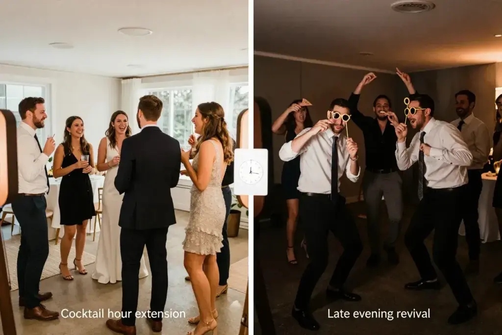 Diptych showcasing photo booth use during cocktail hour and late evening