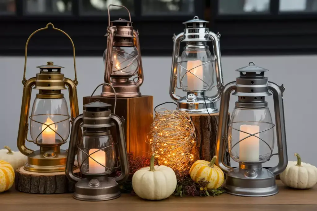 Grouped vintage metal lanterns with warm glow and fall pumpkins