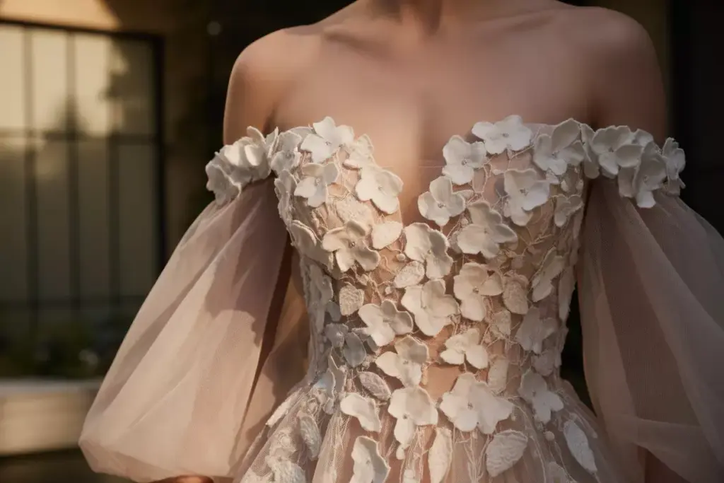Romantic floral applique gown with 3d silk flowers on bodice