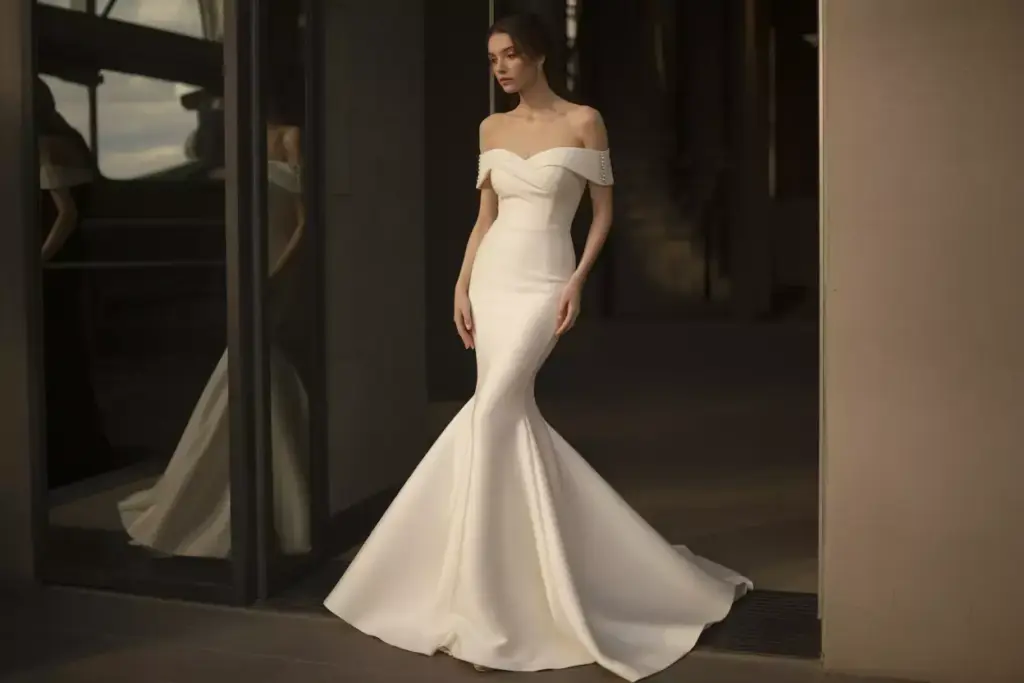 Elegant crepe mermaid gown with dramatic silhouette and train
