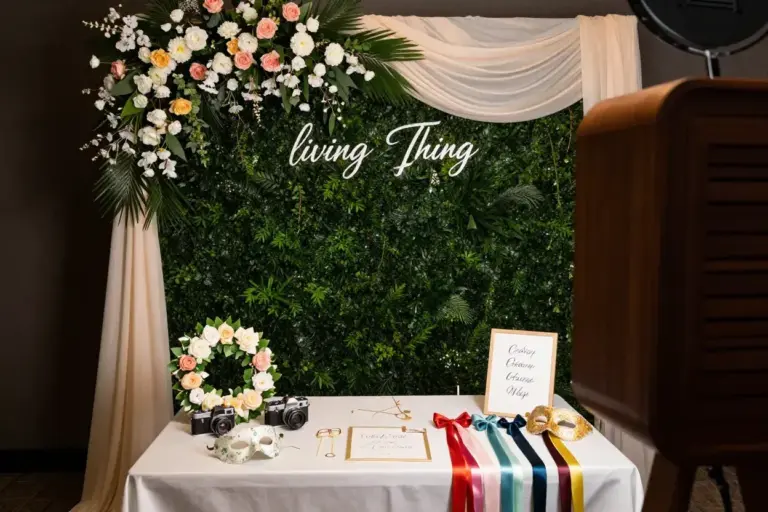 Custom Living Wall Floral Backdrop And Curated Props For Wedding Theme