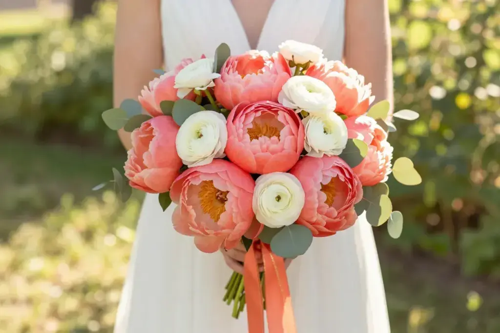 Coral peony and cream ranunculus bouquet in sunlit garden